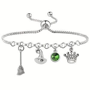 4/$20 - Wicked Silver Charm Boho Bracelet with Hat, Broom, Green Stone & Crown